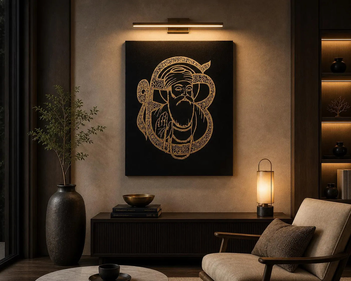 Gold Foil Waheguru Details on Sikh Spiritual Canvas