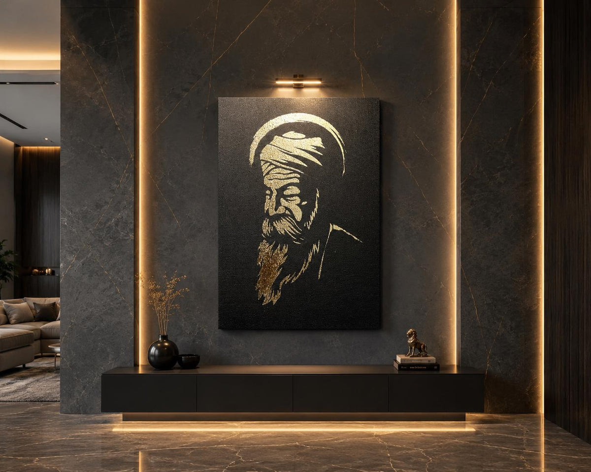 Guru Nanak Dev Ji gold foil canvas wall art with bold Waheguru calligraphy mounted above a modern fireplace