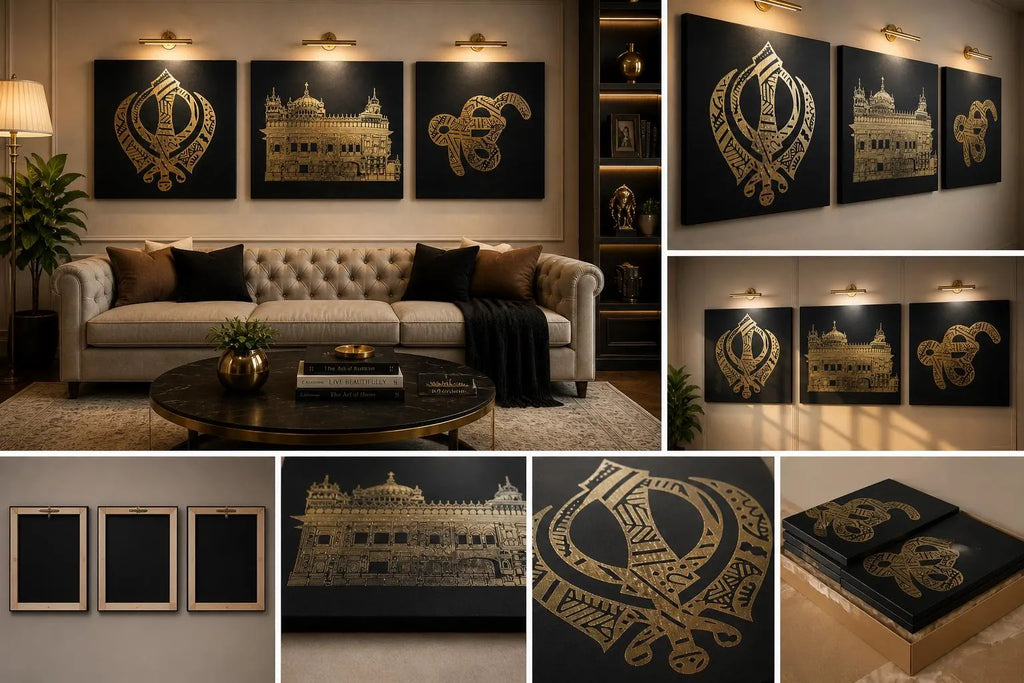 Handmade Sikh Wall Art Set - Golden Temple, Khanda & Ik Onkar Mandala Art | Sacred Punjabi Home Decor