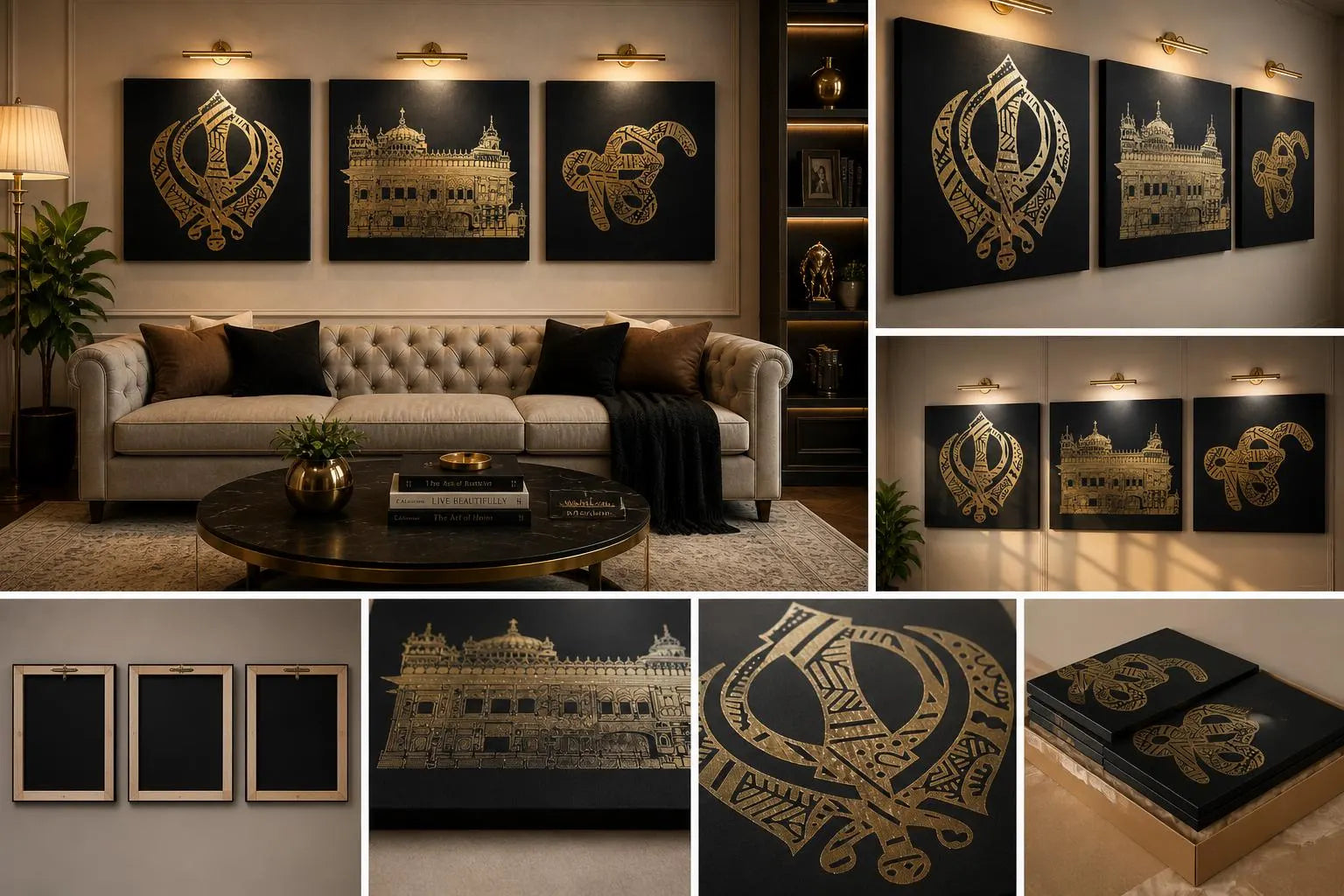Handmade Sikh Wall Art Set - Golden Temple, Khanda & Ik Onkar Mandala Art | Sacred Punjabi Home Decor