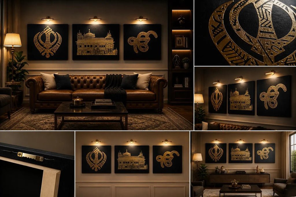 Handmade Sikh Wall Art Set - Golden Temple, Khanda & Ik Onkar Mandala Art | Sacred Punjabi Home Decor