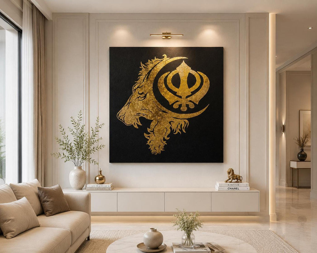 Handmade Lion Khanda Gold Foil Canvas Wall Art | Sikh Power & Courage Decor