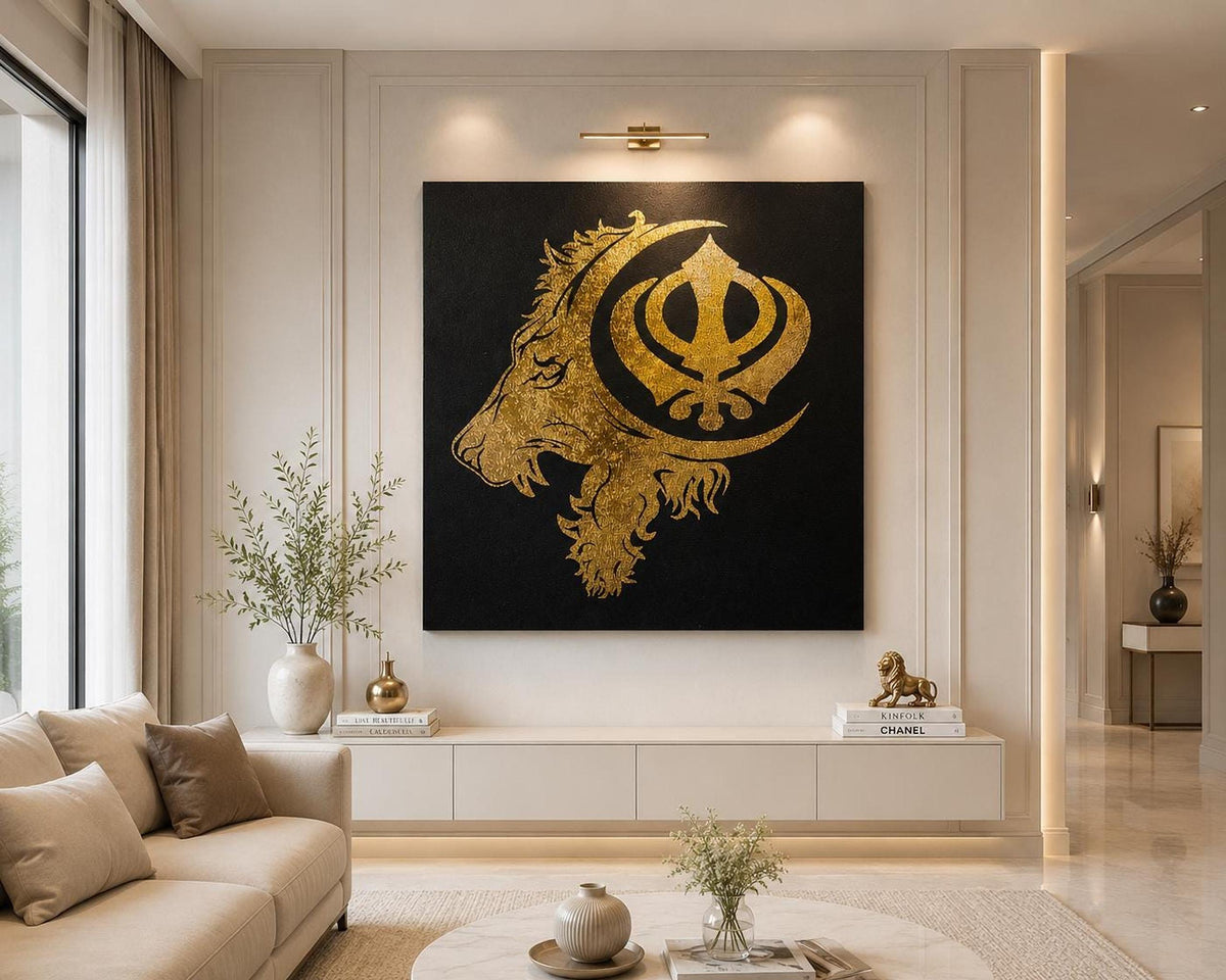 Handmade Lion Khanda Gold Foil Canvas Wall Art | Sikh Power & Courage Decor
