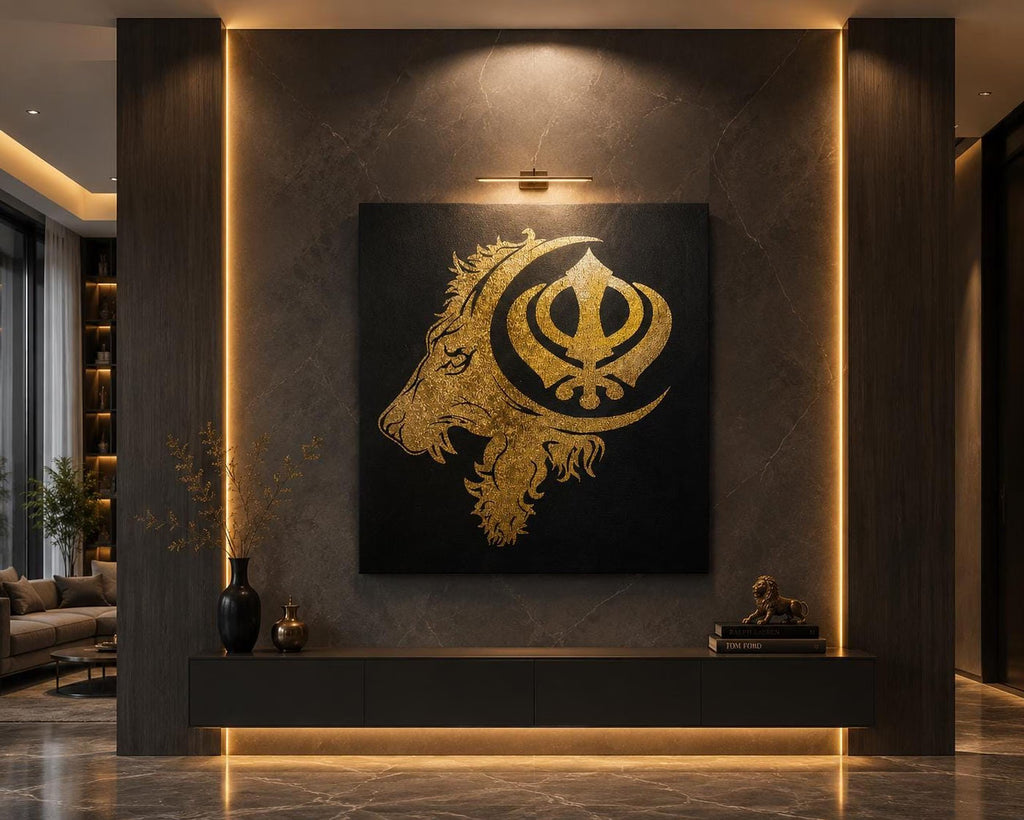 Handmade Lion Khanda Gold Foil Canvas Wall Art | Sikh Power & Courage Decor