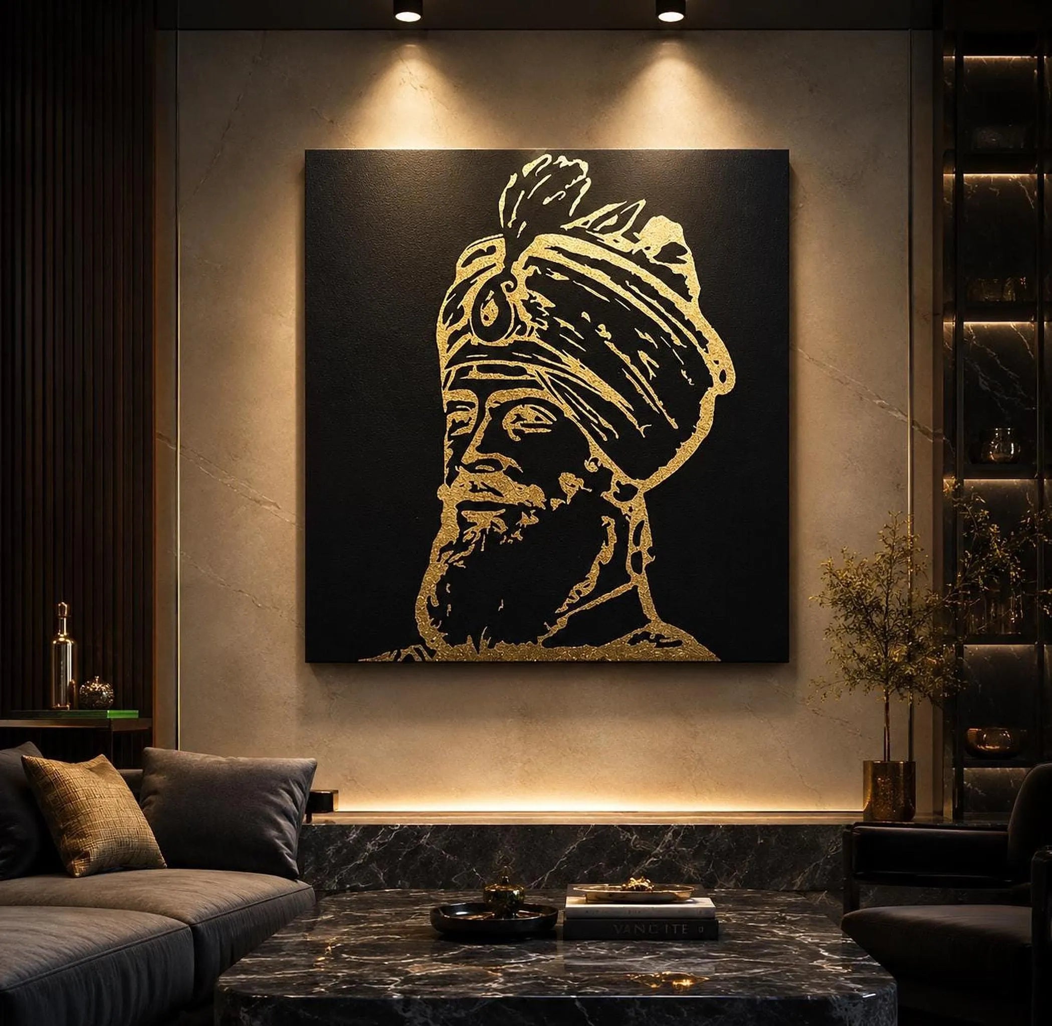 Handmade Guru Gobind Singh Ji Gold Foil Canvas Wall Art | Sikh Home Decor & Punjabi Gift