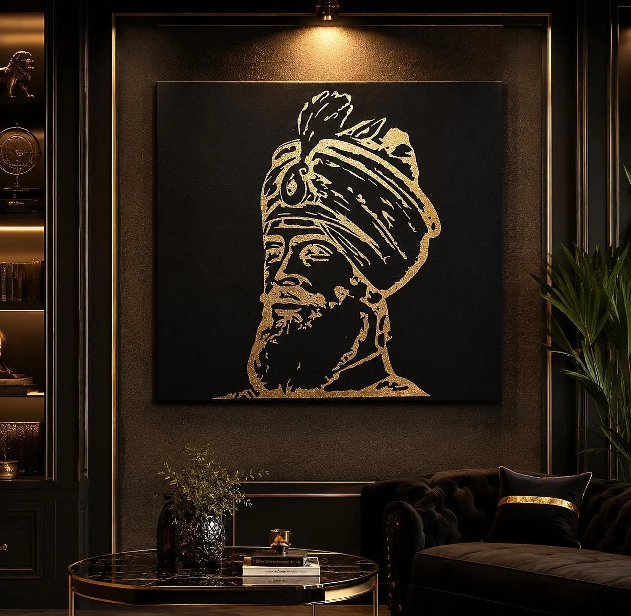 Handmade Guru Gobind Singh Ji Gold Foil Canvas Wall Art | Sikh Home Decor & Punjabi Gift