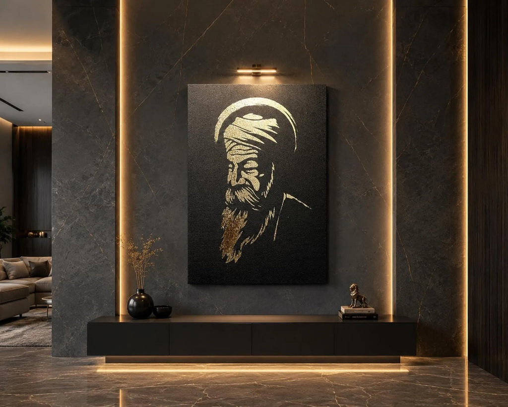 Gold foil Guru Nanak Dev Ji framed canvas artwork displayed above a sofa in a luxury Sikh home decor setting