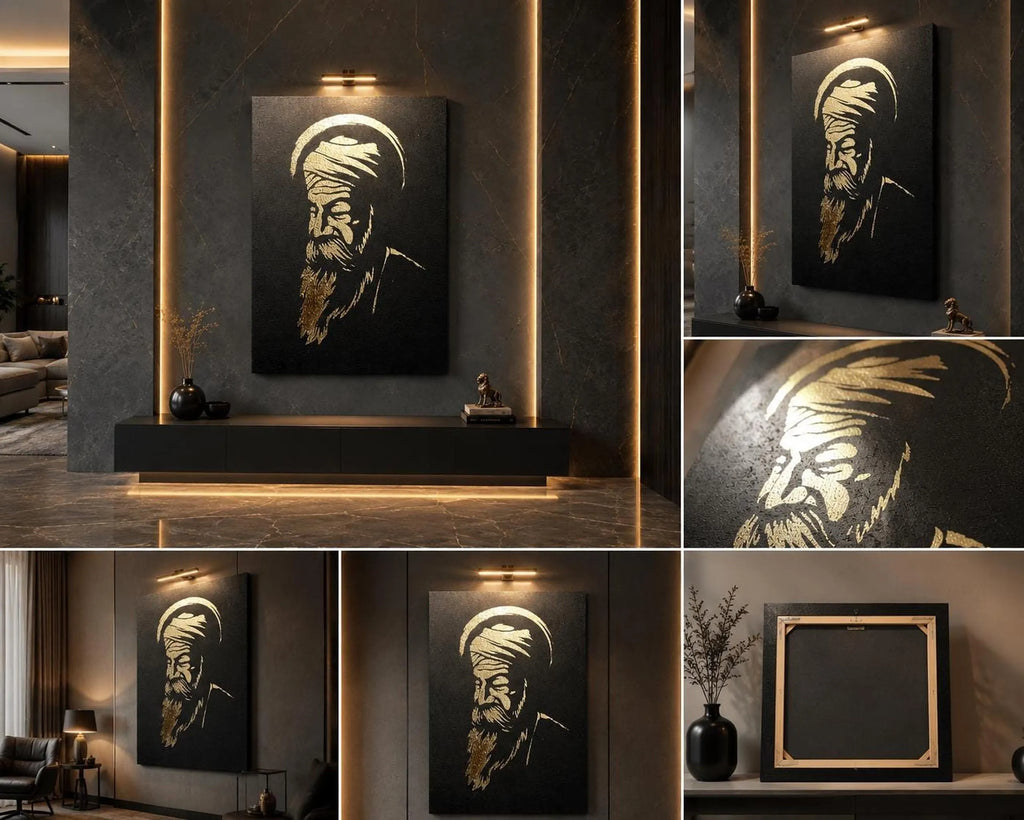 Guru Nanak Dev Ji spiritual gold foil portrait canvas art illuminated in an elegant dark room