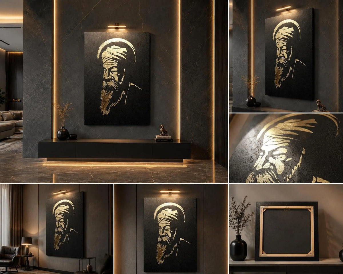 Guru Nanak Dev Ji spiritual gold foil portrait canvas art illuminated in an elegant dark room