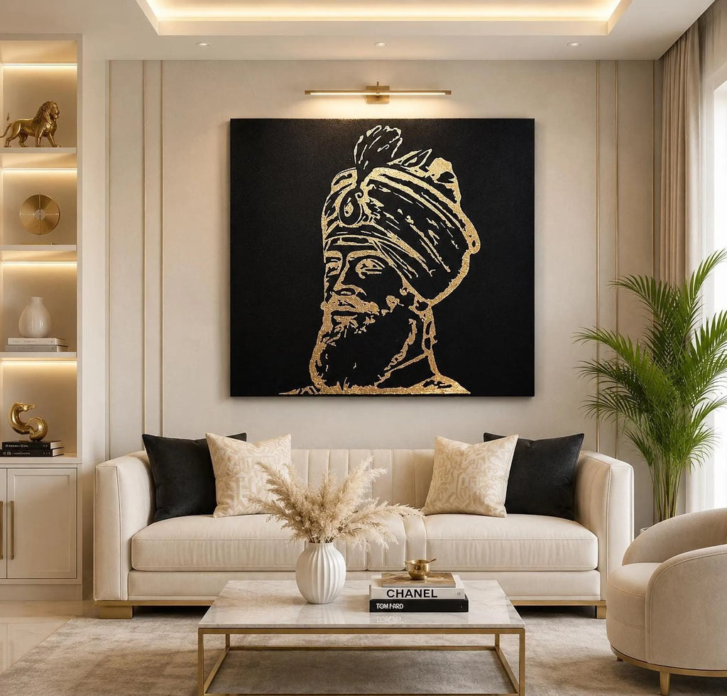 Handmade Guru Gobind Singh Ji Gold Foil Canvas Wall Art | Sikh Home Decor & Punjabi Gift