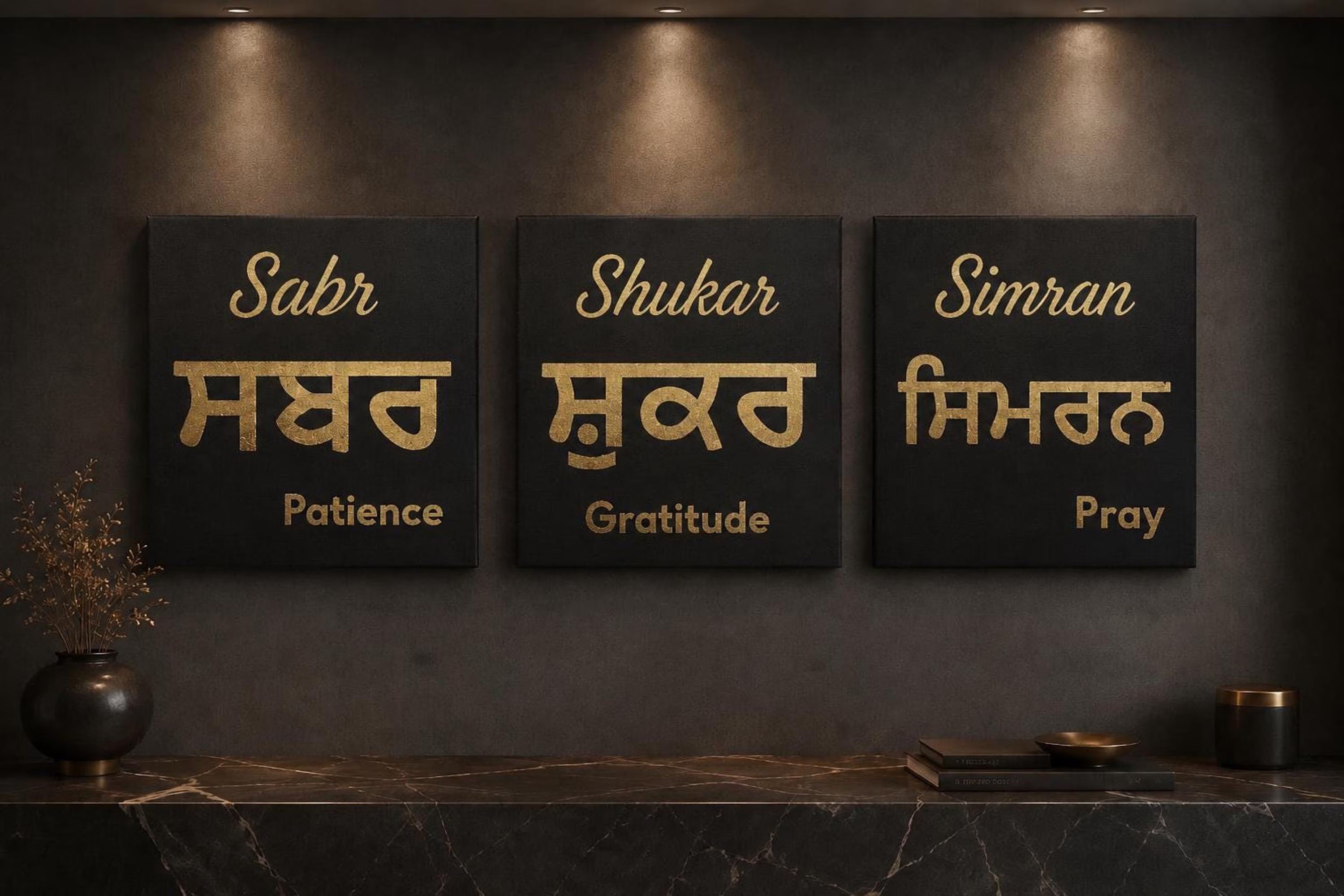 Handmade Sabar Shukar Simran Gold Foil Canvas Wall Art | Sikh Home Decor