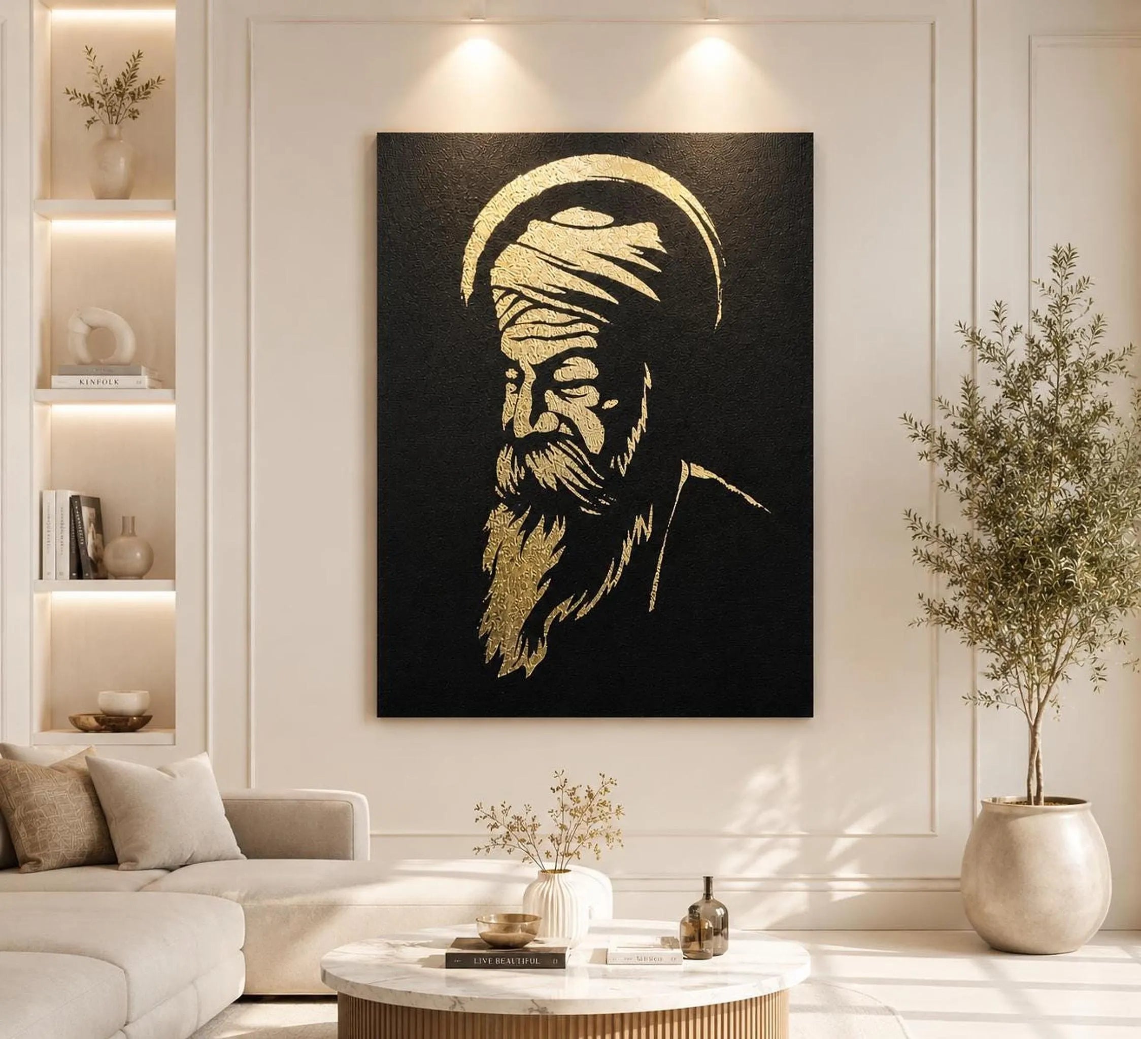 White framed Guru Nanak Dev Ji gold foil canvas wall art hanging in a bright modern living space