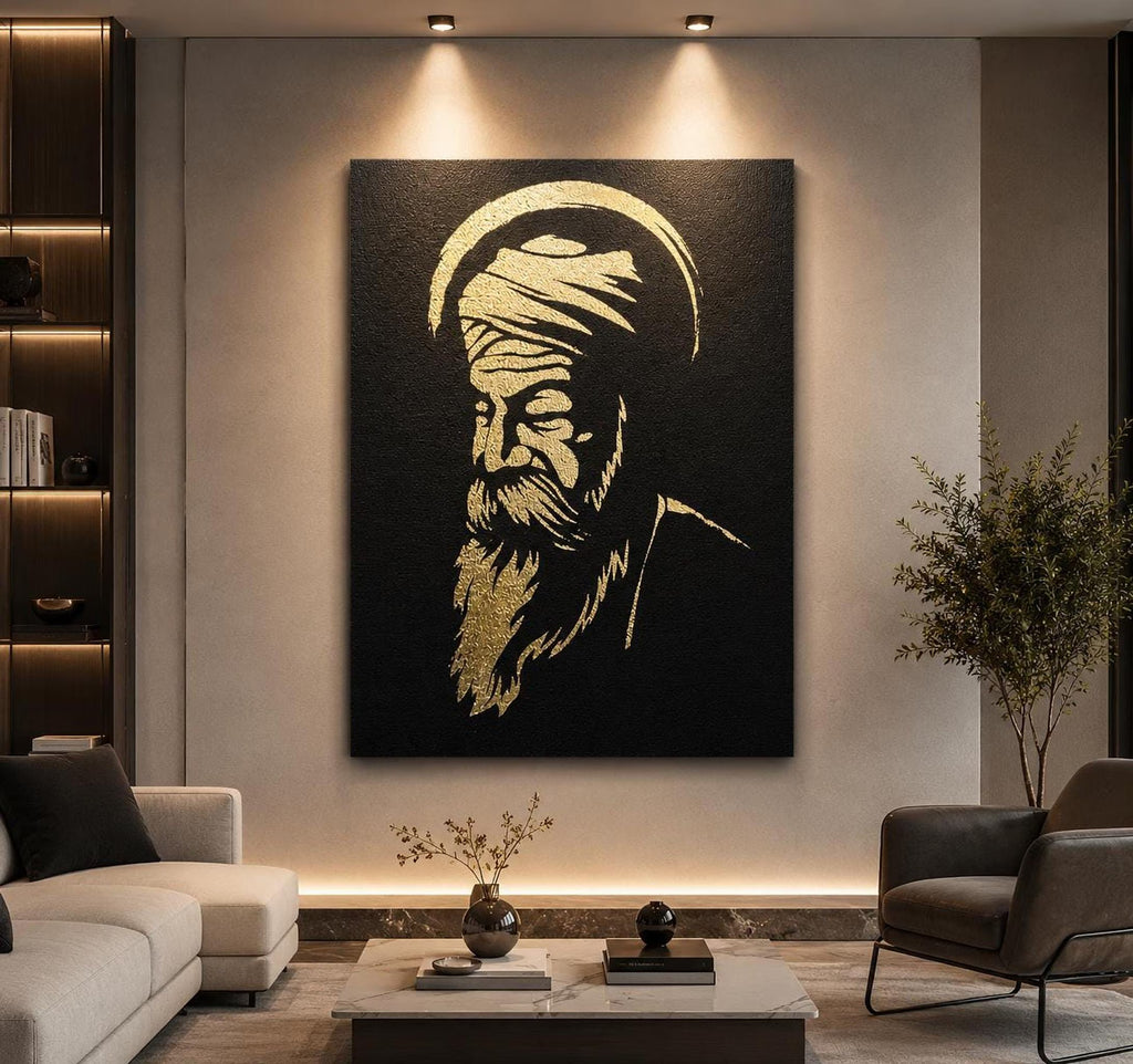 Guru Nanak Dev Ji Gold Foil Canvas Wall Art | Waheguru Sikh Home Decor