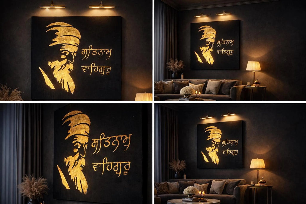 White framed Guru Nanak Dev Ji gold foil canvas wall art hanging in a bright luxury room
