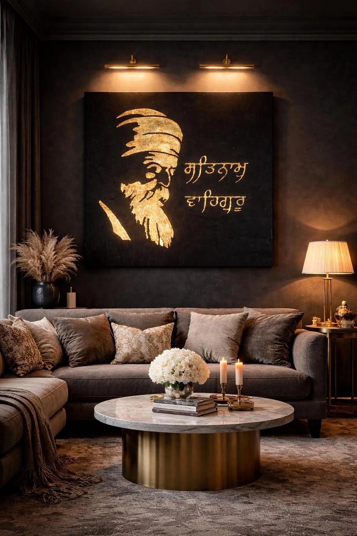 Guru Nanak Dev Ji gold foil canvas frame illuminated with warm lighting in an elegant dark room