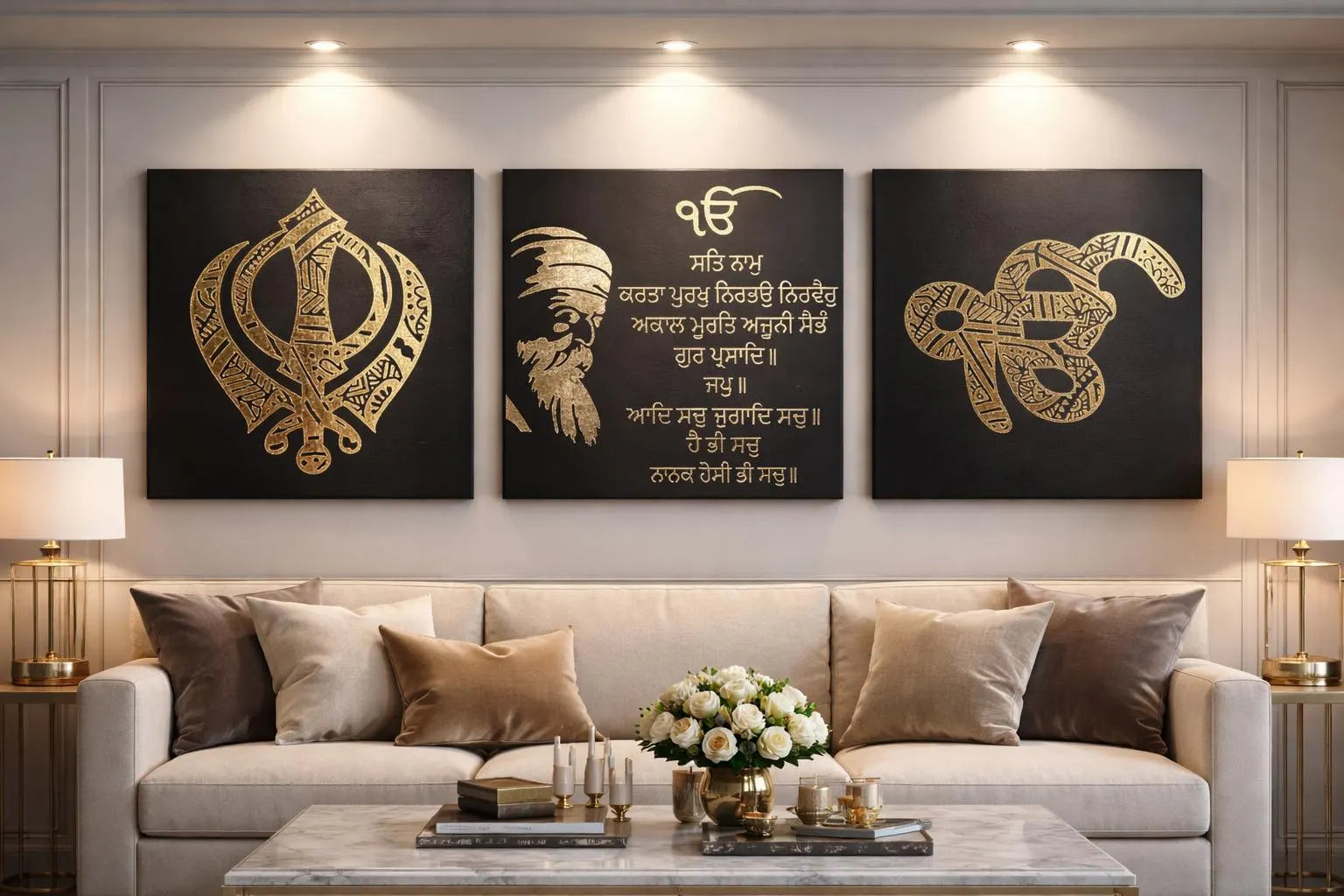 Handmade Mandala Ik Onkar Mool Mantar Khanda Gold Foil Canvas Wall Art