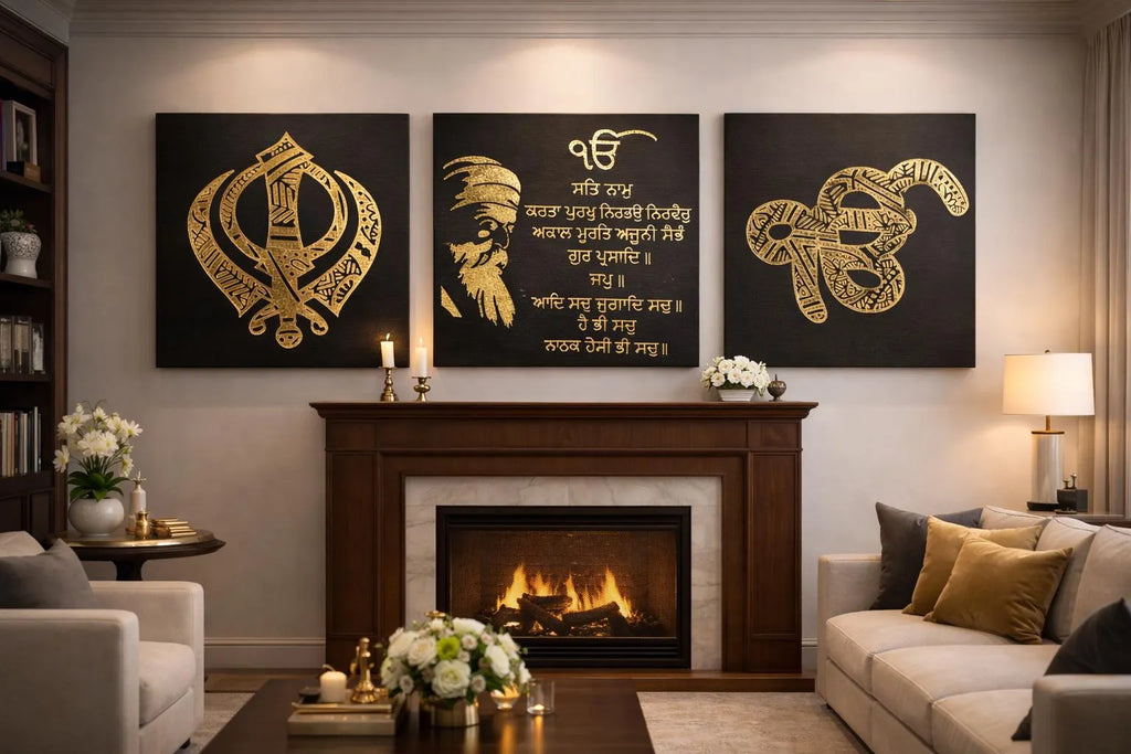 Handmade Mandala Ik Onkar Mool Mantar Khanda Gold Foil Canvas Wall Art