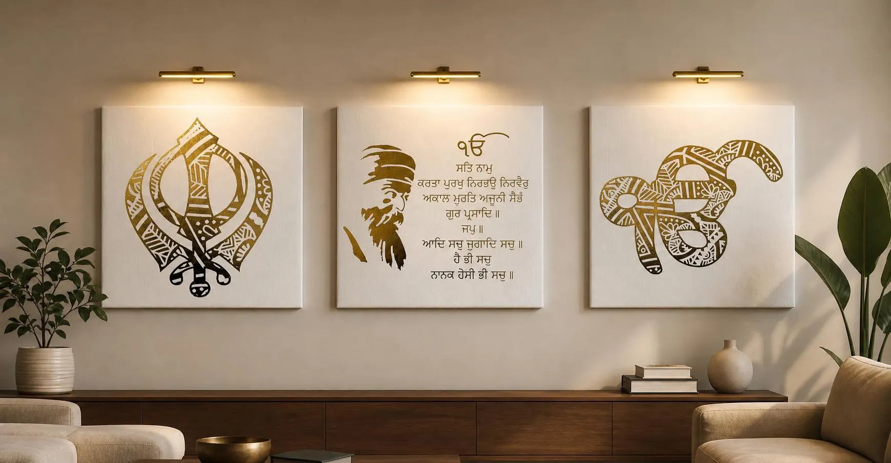Handmade Mandala Ik Onkar Mool Mantar Khanda Gold Foil Canvas Wall Art