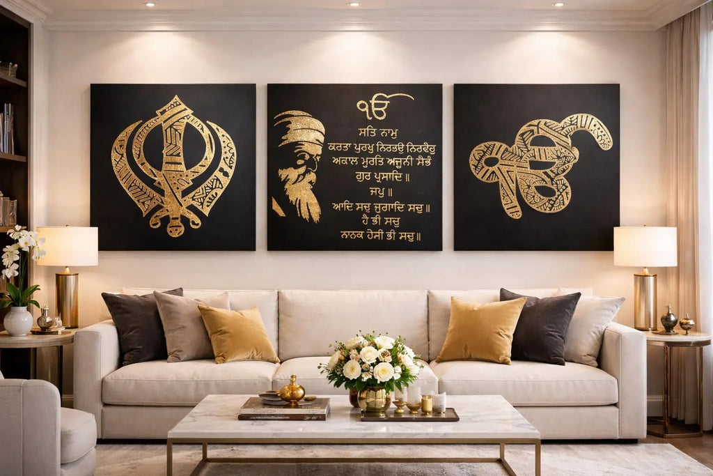 Handmade Mandala Ik Onkar Mool Mantar Khanda Gold Foil Canvas Wall Art