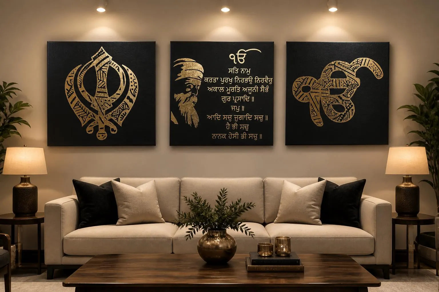 Handmade Mandala Ik Onkar Mool Mantar Khanda Gold Foil Canvas Wall Art