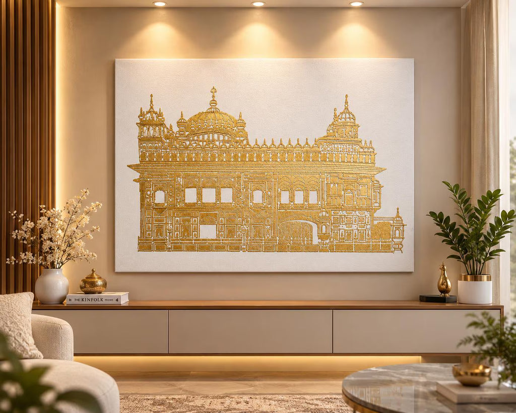 Handmade Golden Temple gold foil canvas wall art hanging above a modern sofa in a living room