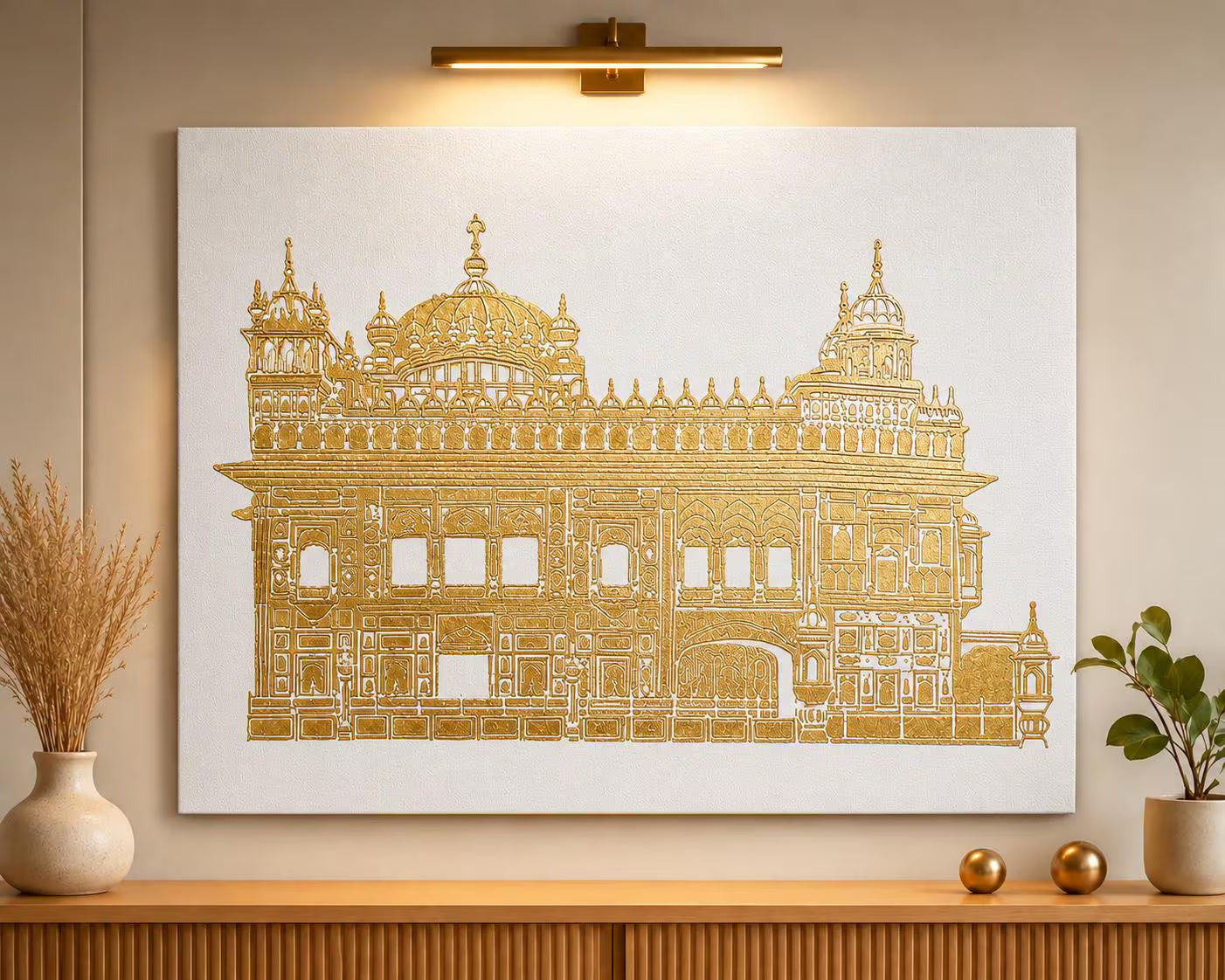 Close-up view of Golden Temple Sri Harmandir Sahib gold foil canvas art showing shiny metallic detailing