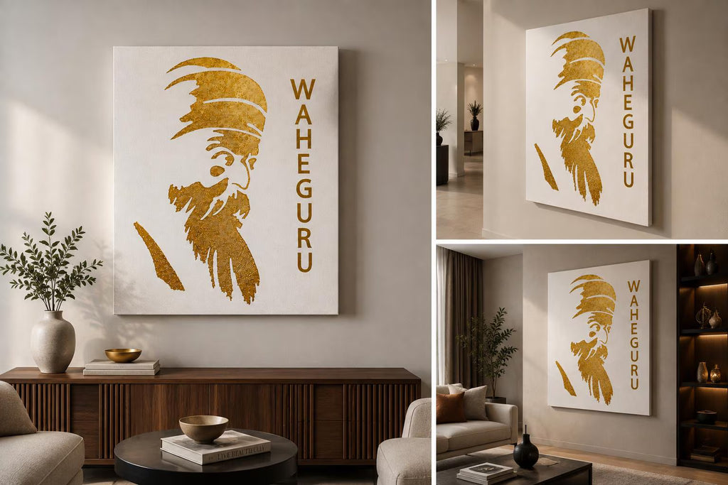 Guru Nanak Dev Ji gold foil canvas wall art with bold Waheguru lettering framed in a luxury living room