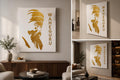 Guru Nanak Dev Ji gold foil canvas wall art with bold Waheguru lettering framed in a luxury living room
