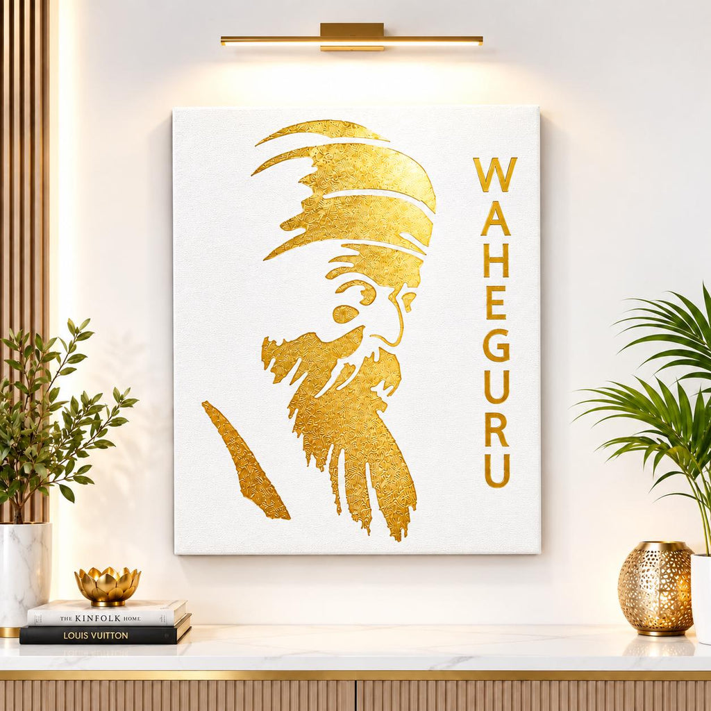 Close-up view of Guru Nanak Dev Ji spiritual portrait canvas art with shiny gold foil details