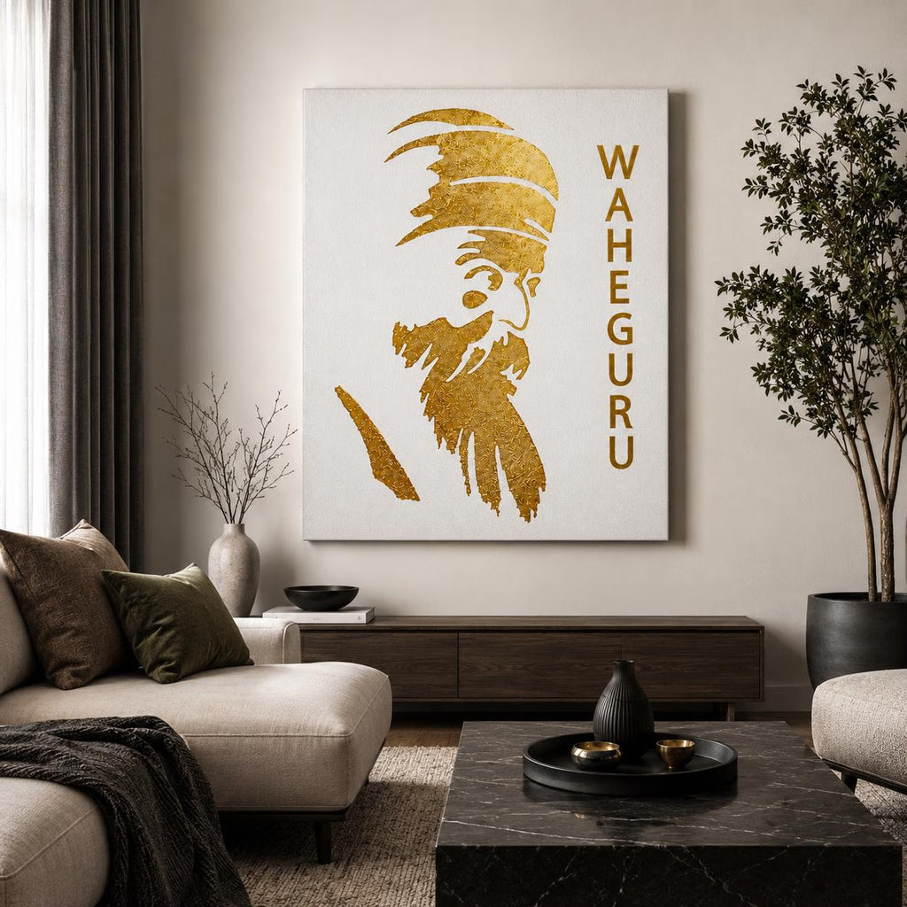 Gold foil Guru Nanak Dev Ji framed canvas art styled above a modern fireplace with ambient lighting