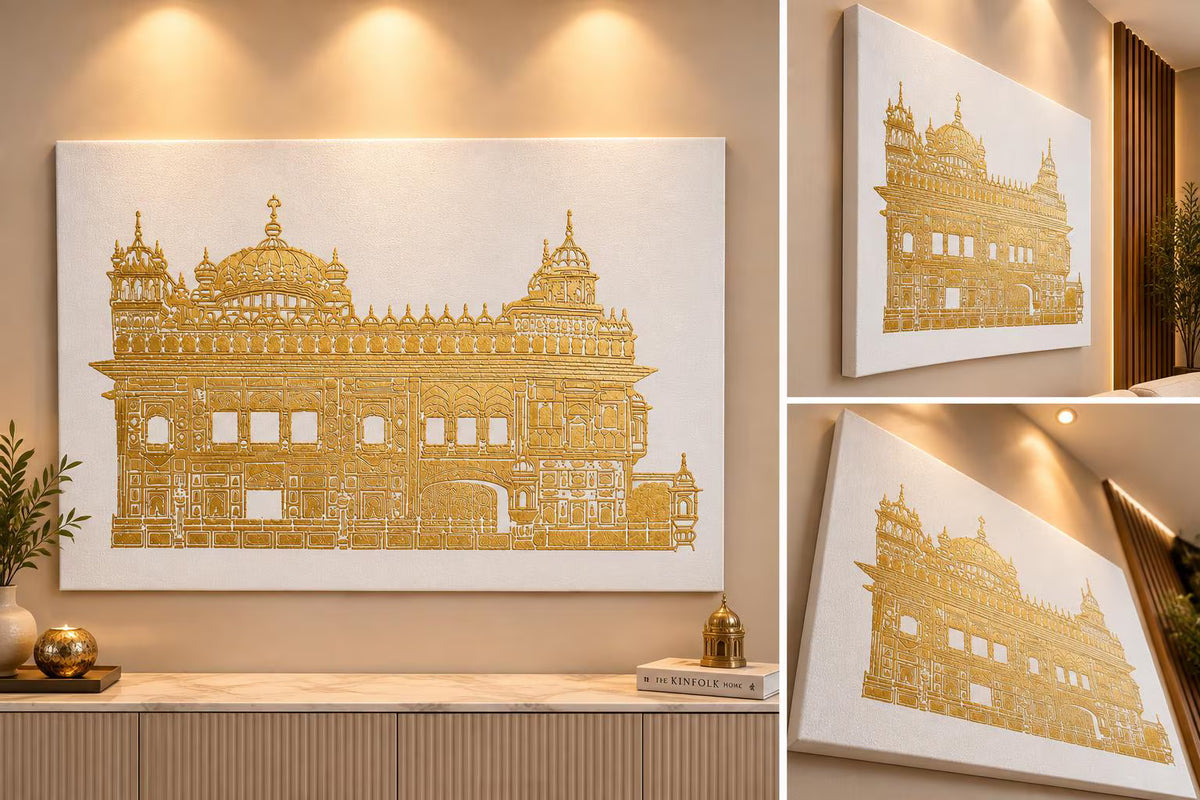 Golden Temple gold foil canvas wall art framed and styled in a cozy home decor corner