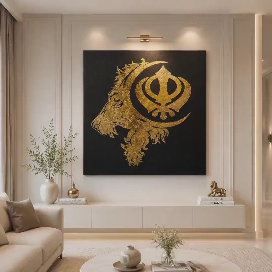 Handmade Lion Khanda Gold Foil Canvas Wall Art | Sikh Power & Courage Decor