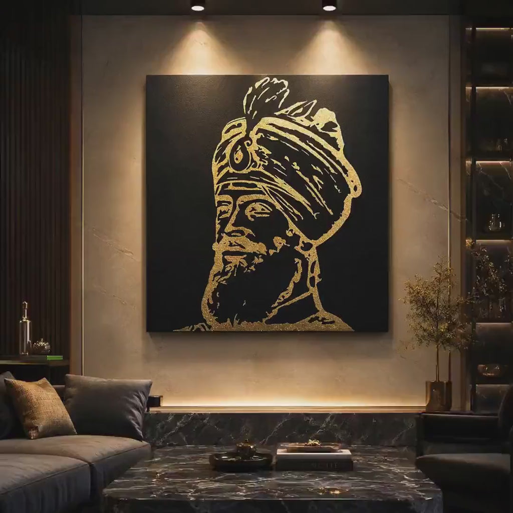 Handmade Guru Gobind Singh Ji Gold Foil Canvas Wall Art | Sikh Home Decor & Punjabi Gift