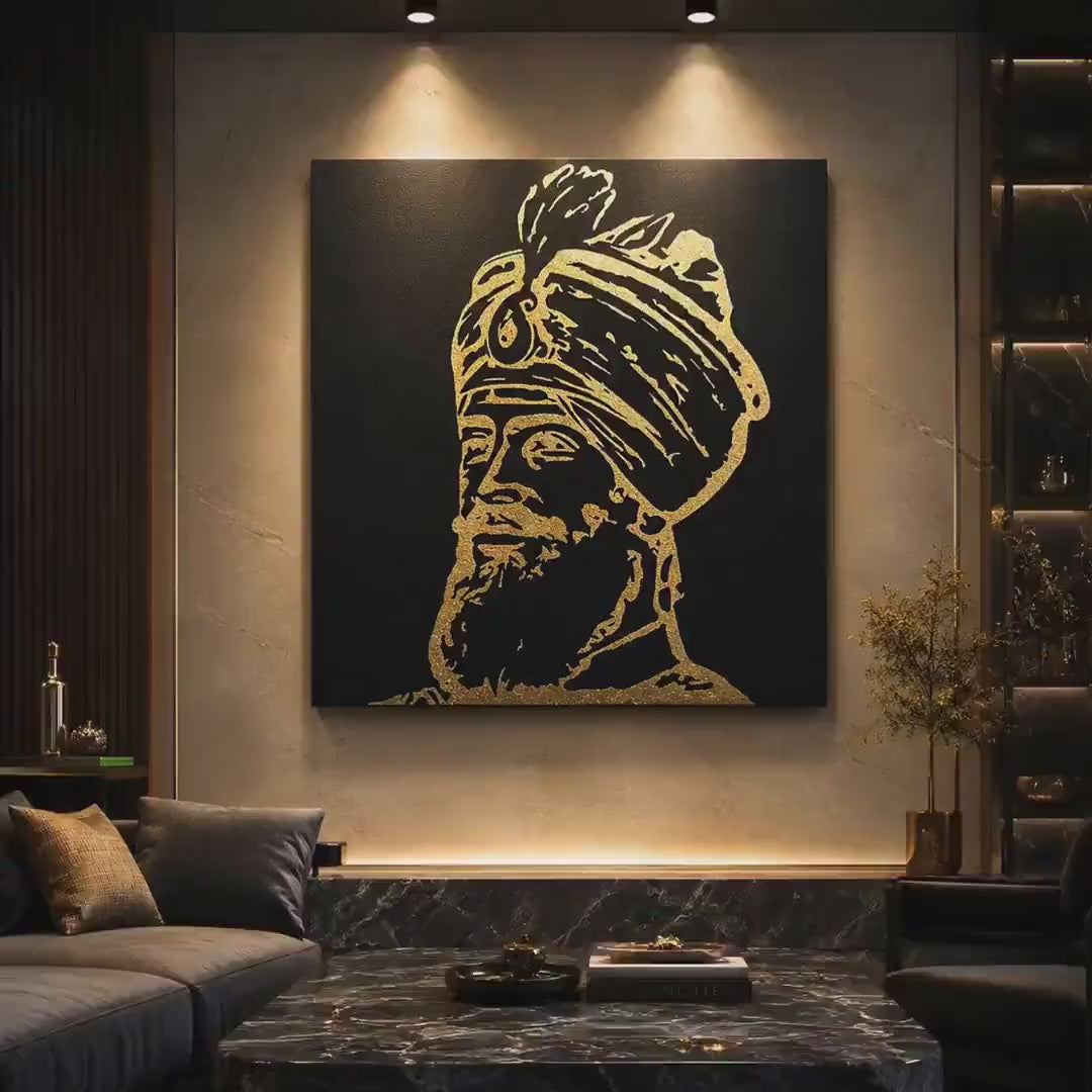 Handmade Guru Gobind Singh Ji Gold Foil Canvas Wall Art | Sikh Home Decor & Punjabi Gift